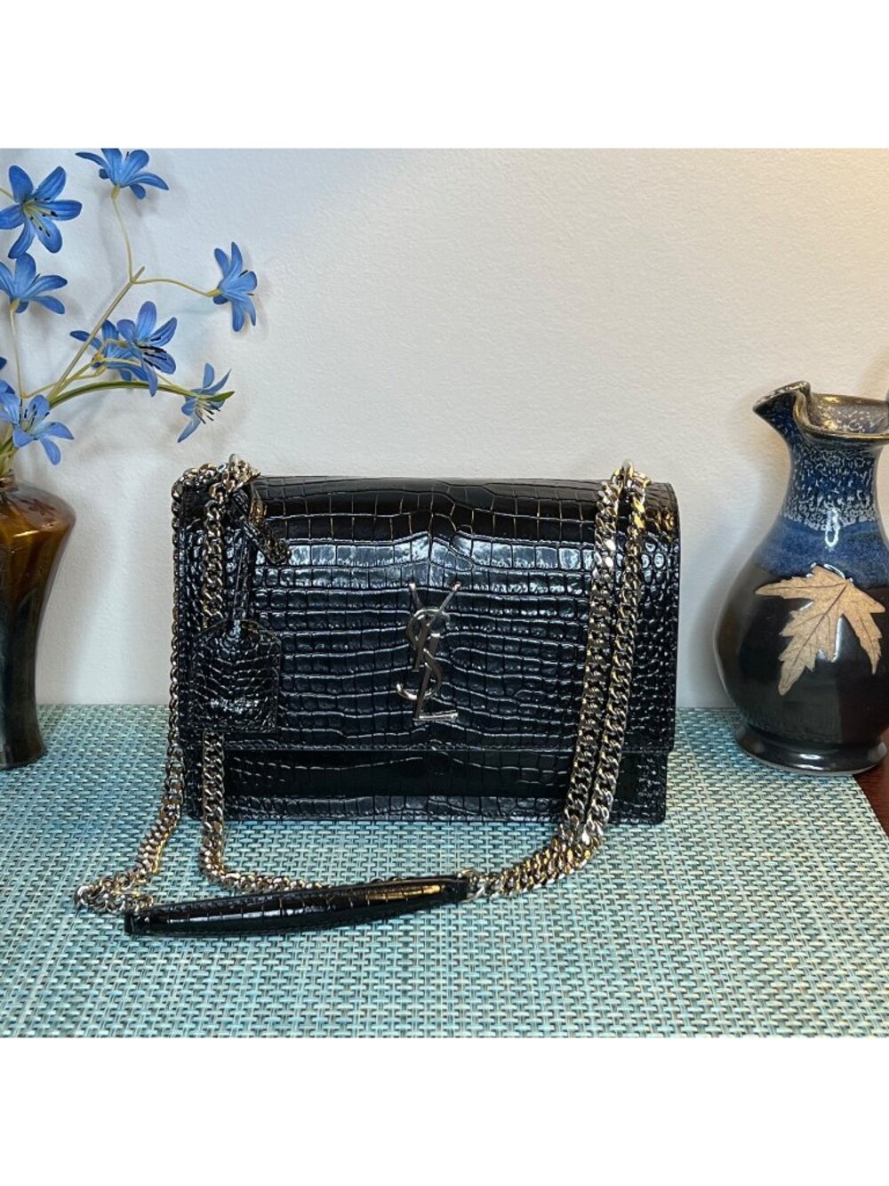 EUC Saint Laurent YSL Sunset Medium Chain Strap Bag Crocodile-Embossed Leather